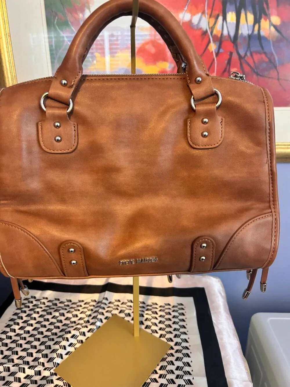 Steve Madden Tan/Brown PU Leather Satchel with Tassel and Puppy Key Chain